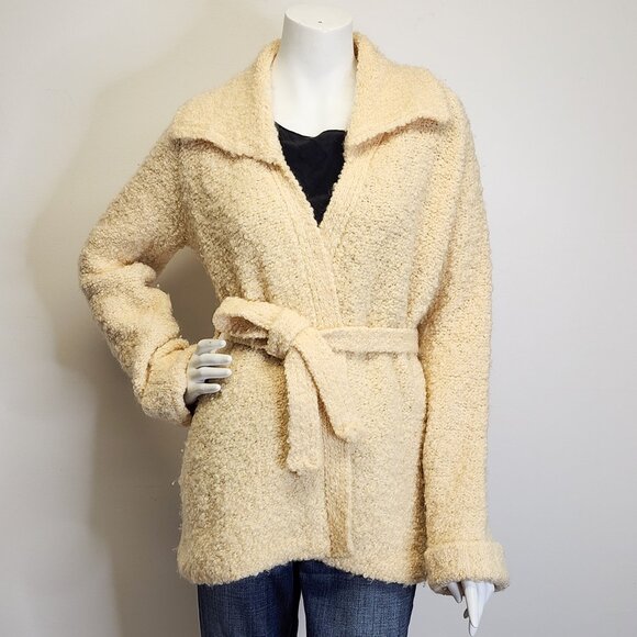 Vtg Mr Poodle Womens M 100% Wool Boucle Tie Waist Collared Cardigan Sweater - Picture 2 of 9